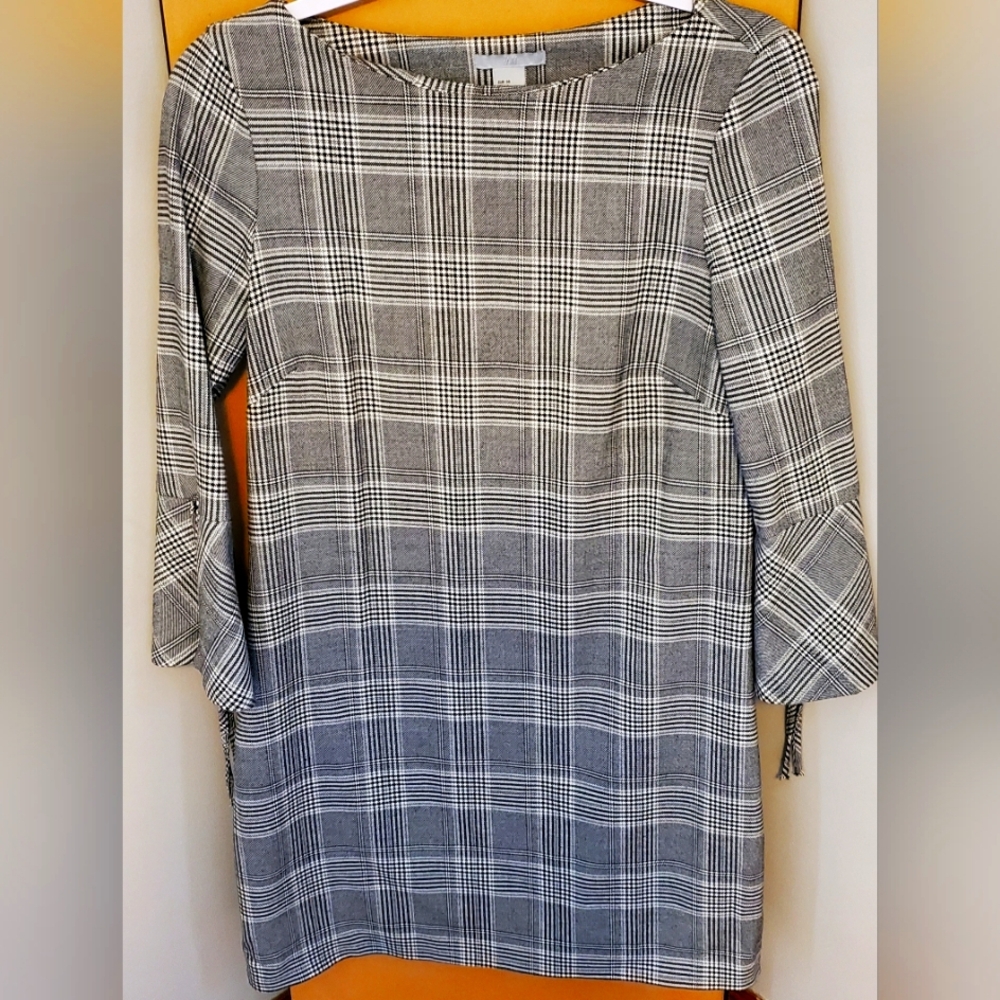 Gray Plaid Dress with Bell Sleeves